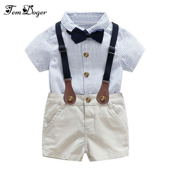 

baby boy gentlemen 3pcs outfits sets 2017 summer newborn baby boy clothing sets tie shirt+overall infant clothes for party wear y200323, White