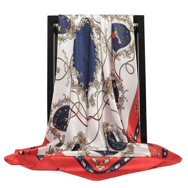 

scarves silk scarf women chain print hair neck square ladies shawl bandanna 90*90cm muslim hijab muffler, Blue;gray