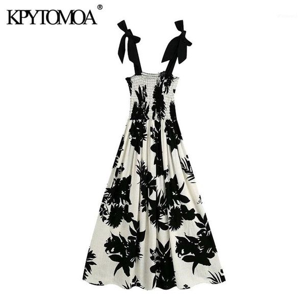 

kpytomoa women 2020 fashion with bow printed linen midi dress vintage smocked wide straps female dresses vestidos mujer1, Black;gray