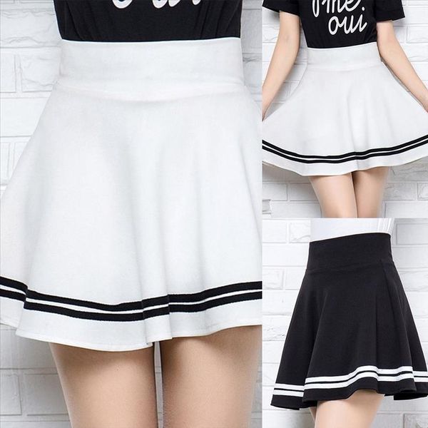 

women girls pleated a line mini skirts black white elastic high waist korean striped sweetweart female dance skirt s xl