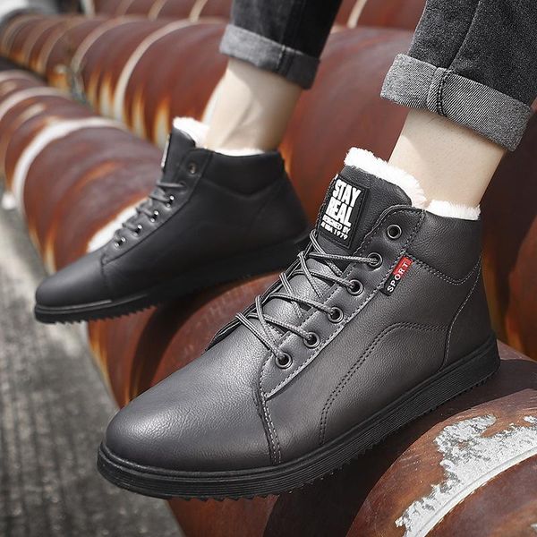 

2020 men's winter snow boots with fur rubber ankle boots cow split leather shoes men outdoor work shoe plus size, Black