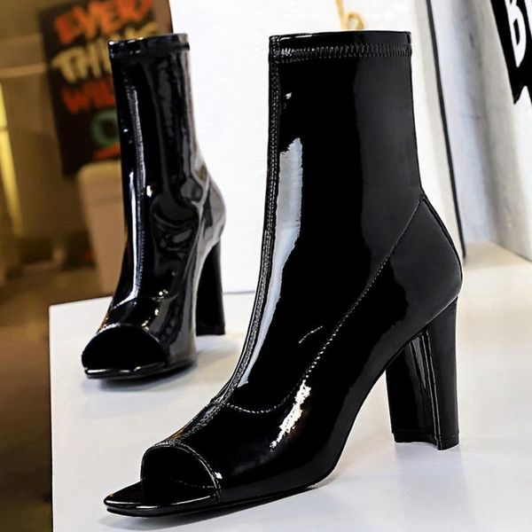

2021 women leather peep toe boots fetish stripper nightclub short ankle boots lady block low 8cm high heels slip on shoes, Black