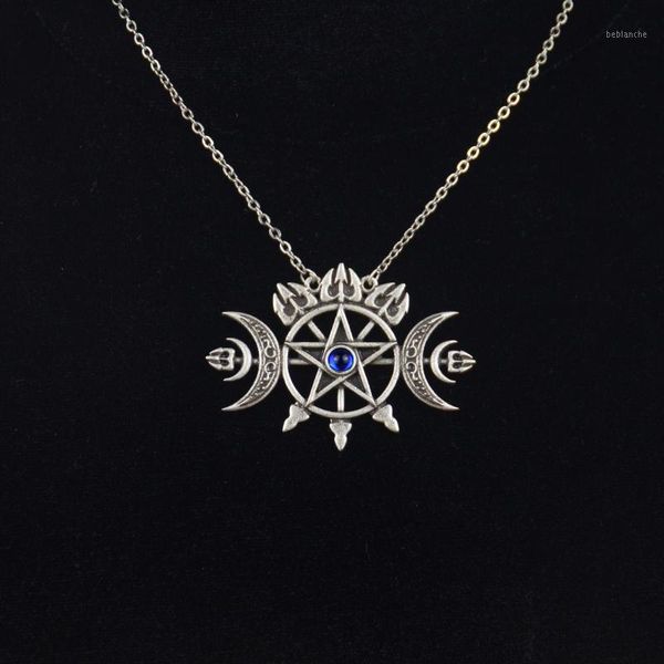 Colares pingentes triplicam lua crescente com colar pentagrama Sigil de espírito pagão jóias Wiccan Gothic Necklace1