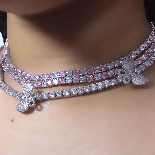 

hiphop 5mm pink iced out cubic zirconia tennis chains cz rose gold color cz choker necklace color fashion men women jewelry 201014, Silver