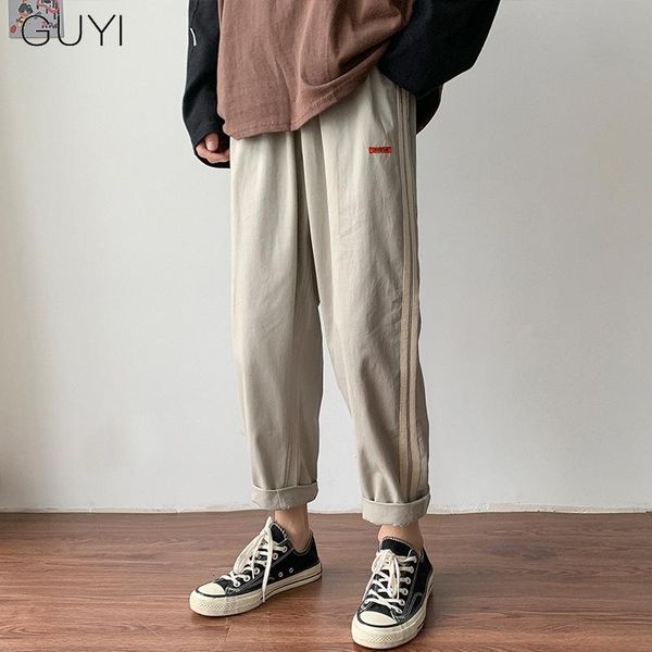 

side striped japan style pencil pants men casual streetwear cotton loose trousers male sweatpants fashion teens summer pant, Black