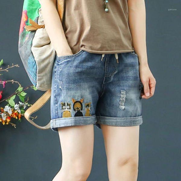 

waist denim shorts fashion summer loose embroidered elastic waist jeans designer new ladies hole harlan shorts jeans female high, Blue