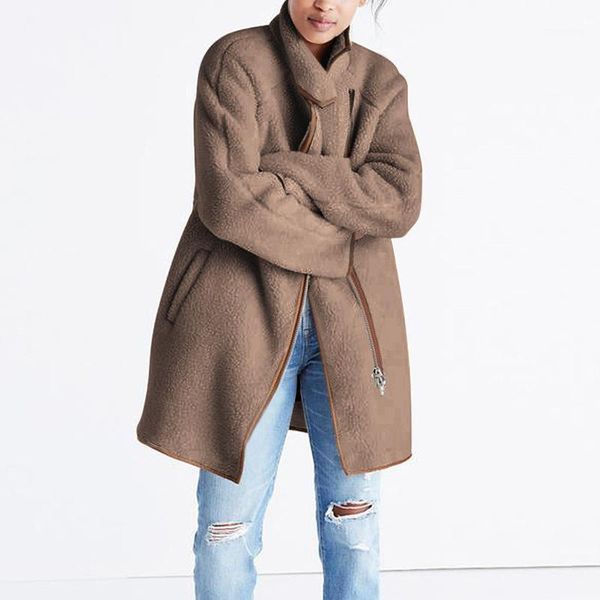 

fashion high collar long coat women autumn winter warm patchwork fleece jackets zipper pocket woolen cardigan outerwear overcoat1, Black;brown