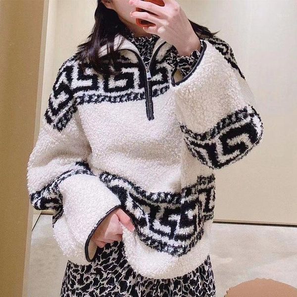 

women wool blend retro knitted sweater new autumn winter turn-down collar pattern lady pullover female zipper jumper1, White;black