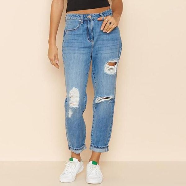 

woman in high waist zipper slim jeans with hole pocket button blue fashion jeans pants woman mom pants1
