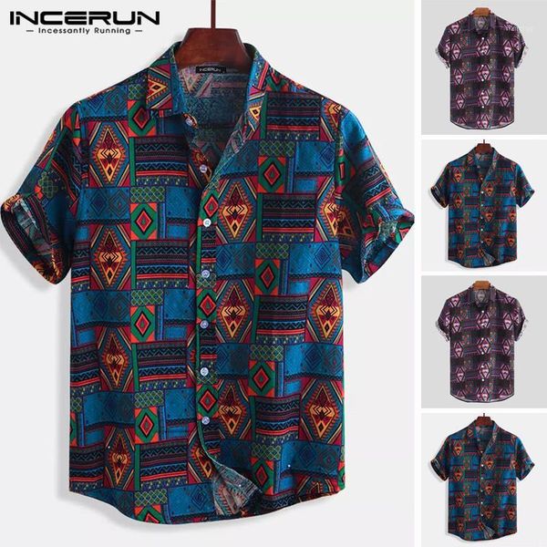 

incerun breathable cotton men shirt printed vintage short sleeve streetwear loose men beach hawaiian shirts camisas 20201, White;black