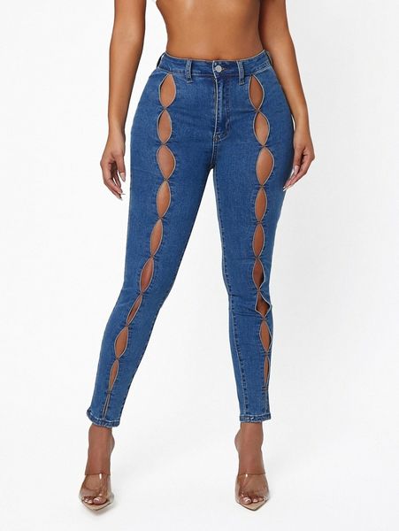 

sxy high waist cutout skinny jeans 30ok#, Blue