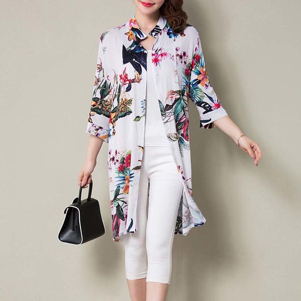 

2021 new new women summer long blouses print vintage blouse shirt plus size women floral half sleeve blusas kimono hqq1, White