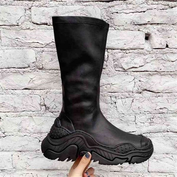 

mid-calf 2021 new thick soles women platform shoes genuine leather fine flat boots mujer lsst, Black