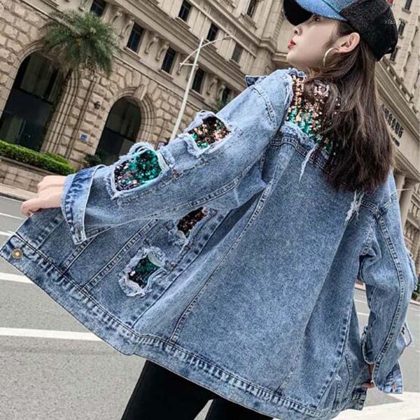 

women's jackets loose hole stitching sequined denim jacket1, Black;brown