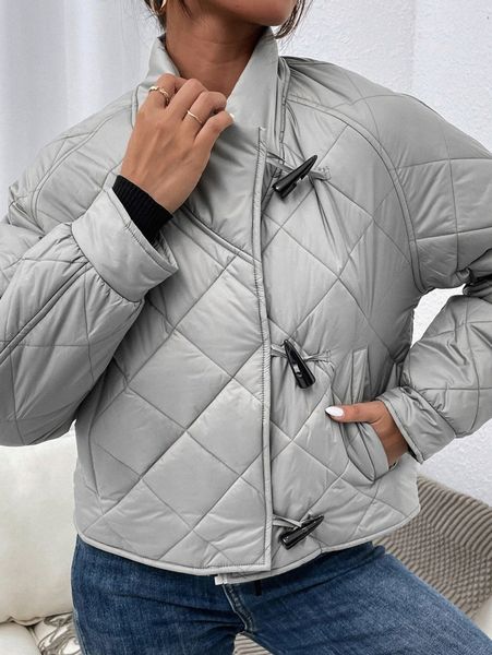 

slant pockets raglan sleeve duffle argyle quilted coat w2ue#, Black