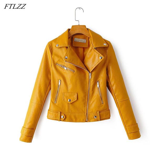 

ftlzz new autumn women faux leather jacket motorcycle biker pu streetwear zipper classic turn down collar yellow coat outwear, Black