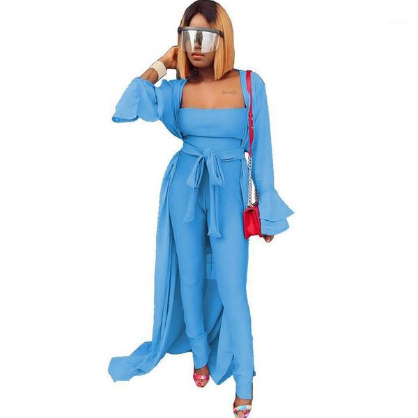 

fashion two piece set women flare sleeve long cardigan trench coat and strapless jumpsuit club 2 pcs matching set outfits sashes1, Gray