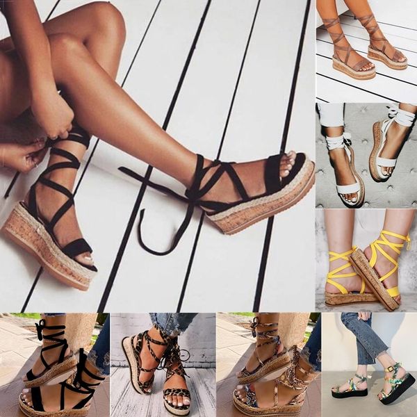 Verão Wedge Alpercatas Mulher Sandálias de dedo aberto Roma Shoes Gladiator Sandals Senhoras Casual Lace Up Feminino sandálias 1020