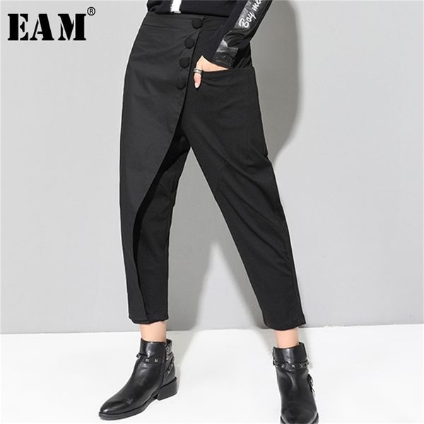 

[eam] 2020 new spring black loose high waist flat elastic waist women fashion tide wide leg ankle-length pants oa870 lj200820, Black;white