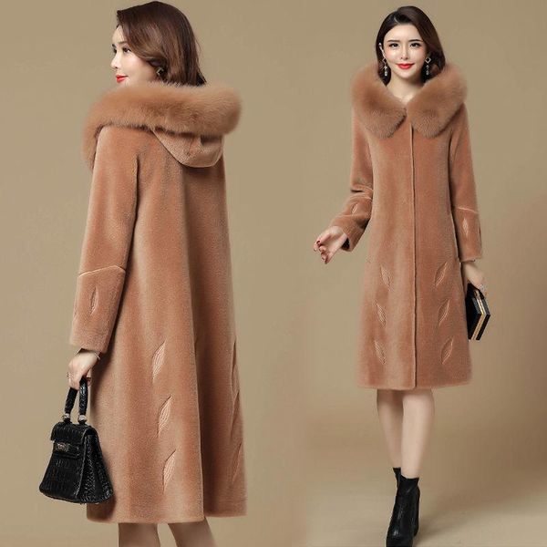 

fashion luxury fur collar coats sheepskin natural sheep fur jacket long sleeve outwear women new 2020 winter coat q307, Black