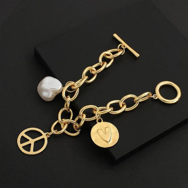 

link, chain amorcome trendy chunky gold link bracelet with peace charm large pearl round pendant thick bracelets jewelry for women, Black