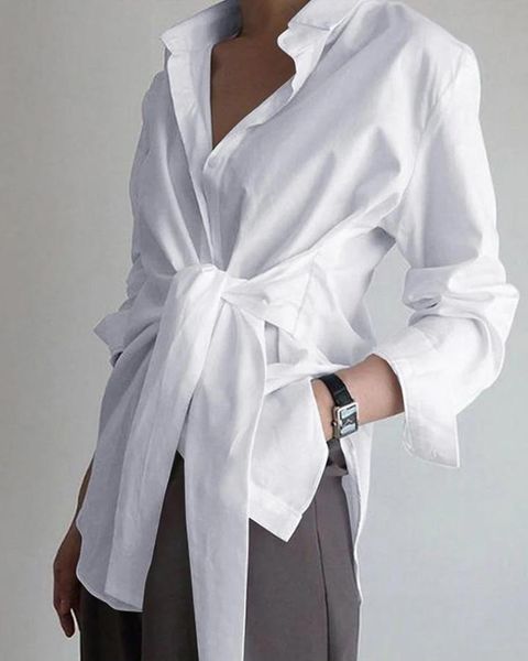 

women's blouses & shirts 2021 summer autumn stylish lace up bandage shirt ladies blouse female lapel long sleeve high street clothing, White