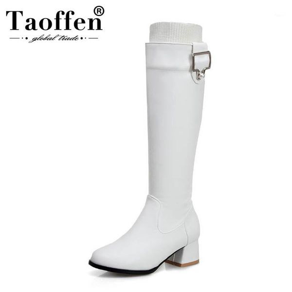 

boots taoffen winter black woman daily office work warm knee high buckle bead square heels botas footwear size 31-441