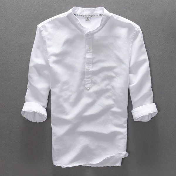

italy style three quarter sleeve shirt men linen cotton men shirt summer solid stand collar shirts mens camisa masculina homme, White;black