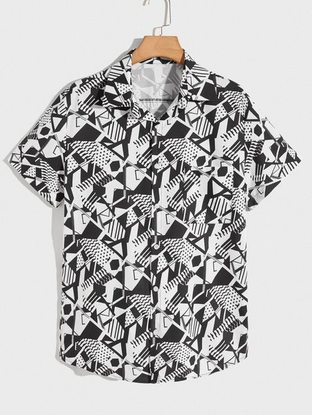 

romwe guys geo graphic button front pocket shirt i2tp#, White;black
