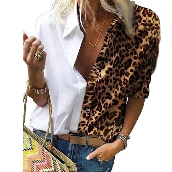 

women summer shirt v neck lapel leopard print contrast women long sleeve shirt casual loose ladies plus size 1, White