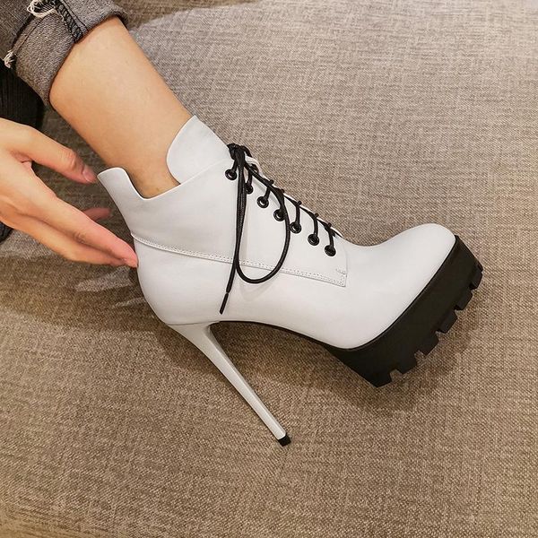 

women ankle boots autumn winter warm thin heels platform shoes woman rouned toe cow leather cross-tied pumps, Black