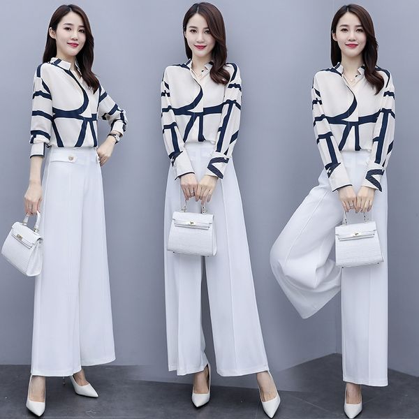 

2020 wide leg pants autumn new korean style shirt shirt wide leg pants elegant suit women's fashion two-piece set wo1rs, Gray