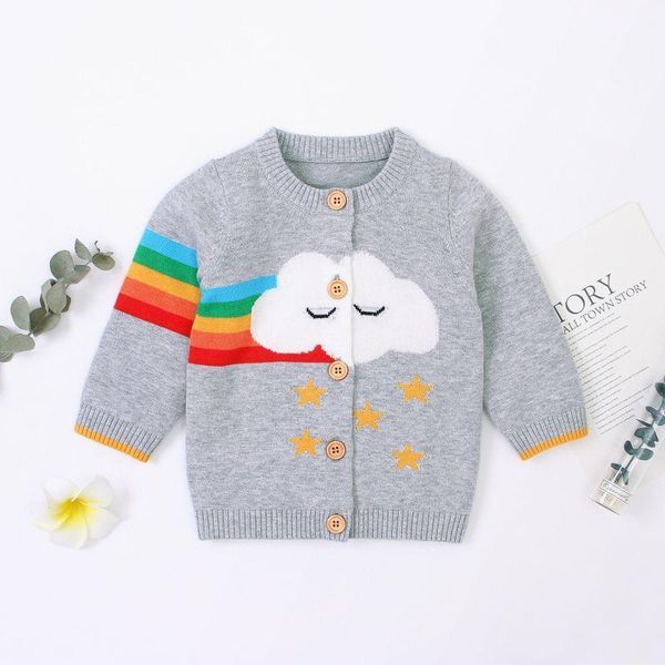 

children kids sweater autumn baby boy girl clothes cardigan cartoon rainbow print knitted cotton casual outerwear clothes1, Blue;gray