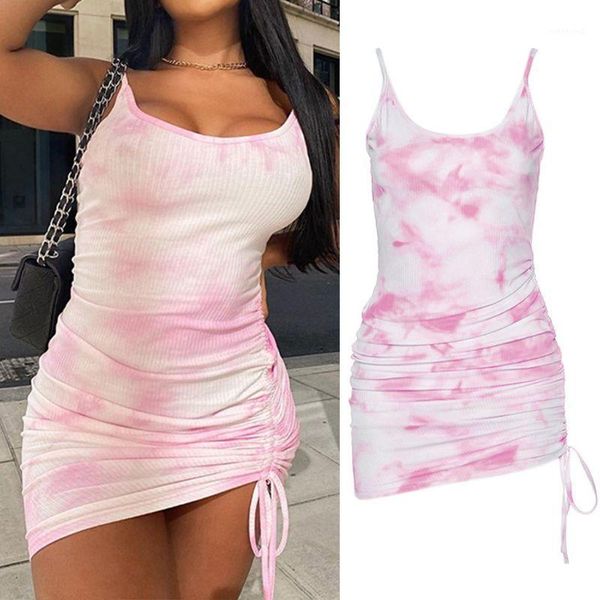 

women spaghetti strap low collar bodycon mini dress gradient tie-dye backless ribbed irregular drawstring clubwear1, Black;gray