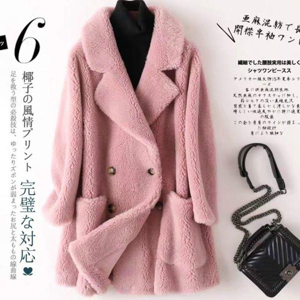 

women's fur & faux women 2021 winter slim coat lady granule sheep sheared outerwear female warm thick casual lamb wool jacket c67, Black