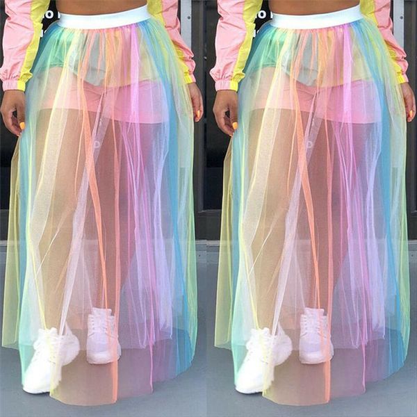 

sweet summer women girls rainbow mesh long skirts high elastic waist ladies ankle length skirts all matching women pleated skirt, Black