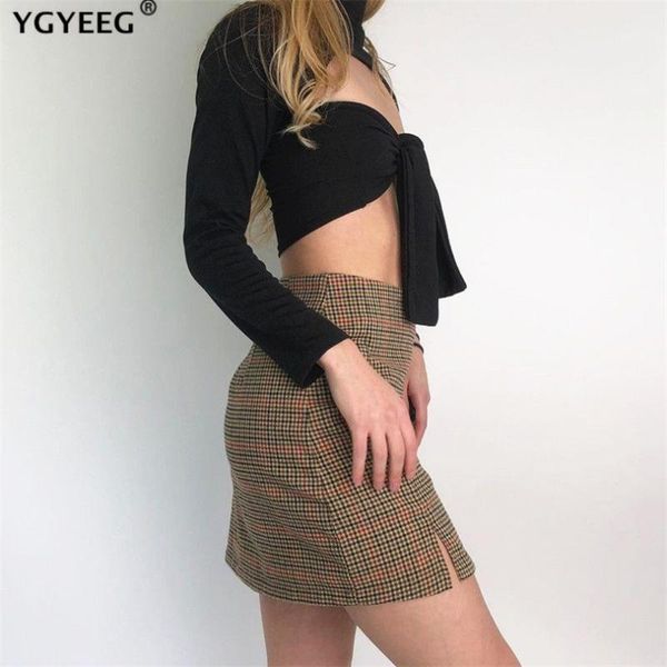 

ygyeeg high waist zipper skirt women female autumn split a-line checks miniskirt stripe plus size spandex cotton khaki bottom1, Black