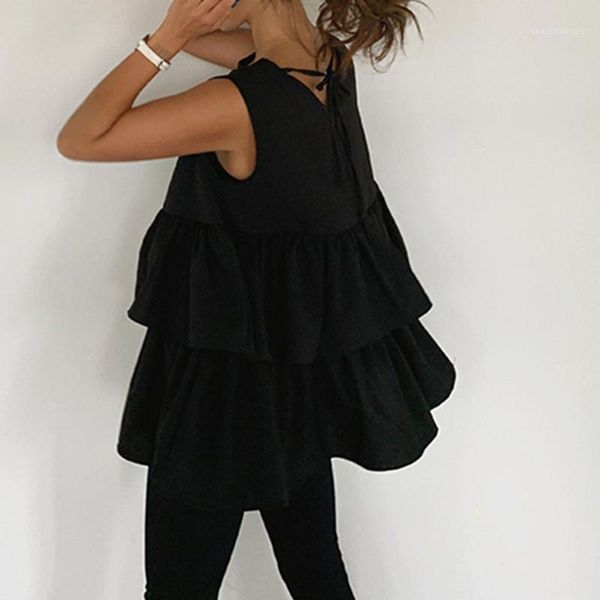 

blouse black sleeveless women 2021 summer kawaii round neck shirts ruffles cute korean loose women female shirts blouses1, White