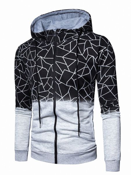 

men geo print colorblock zip up drawstring hoodie o6dg#, Black
