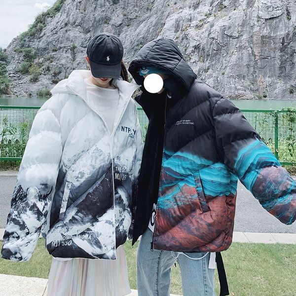 

mens 20w coats fashion mens jacket snow printing hooded zipper windbreaker casual loose men clothing 2 colors size m-3xl, Black