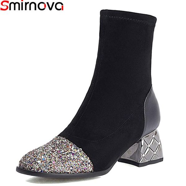 

boots smirnova 2021 big size 33-43 women thick heels square toe mixed colors ankle autumn winter ladies shoes, Black