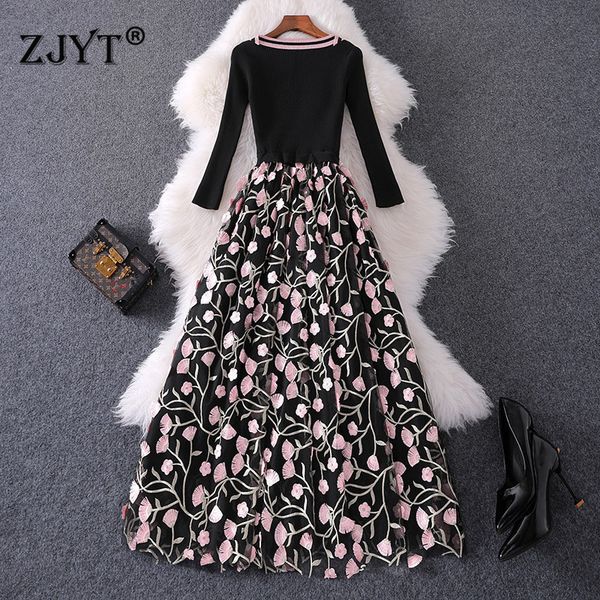 

autumn winter women new elegant lady knitted sweater patchwork floral embroidery mid calf tulle party dresses vestido 201125, Black;gray