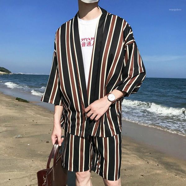 

men's summer two piece clothing sets tracksuit men striped cardigan blouse+ shorts outwear beach suit hawaii vacation clothes1, Gray