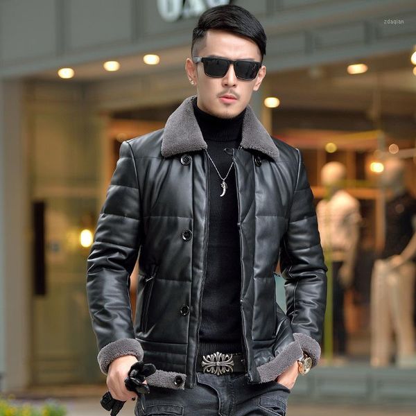 

winter biker leather jacket men duck down jackets 100% lamb fur collar coat faux sheepskin coats chaqueta cuero hombre zl10891, Black