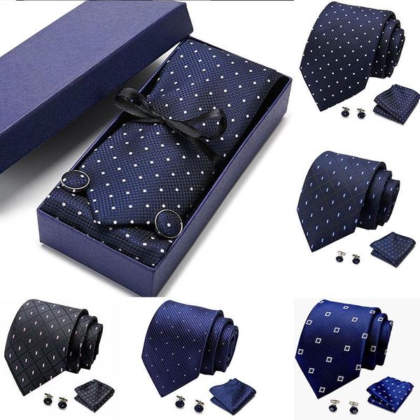 

luxury men neck ties men brand necktie 100% silk tie cufflinks handkerchief set formal dress accessories gift box packing, Black;gray