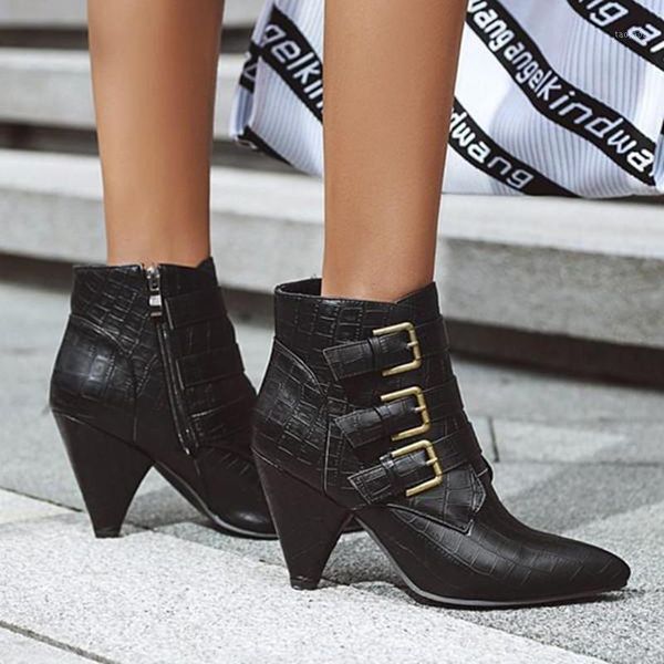 

design ankle boots women pu leather wedges high heels western boots pointed toe zipper fashion autumn winter women's shoes1, Black
