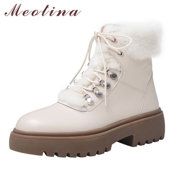 

meotina snow boots women shoes real leather platform thick high heel ankle boots lace up fur lining warm short boots winter 40 1026, Black
