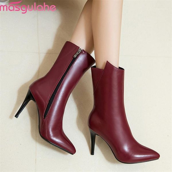 

boots masgulahe 2021 est women ankle pointed toe genuine leather zip thin high heels party wedding shoes woman1, Black