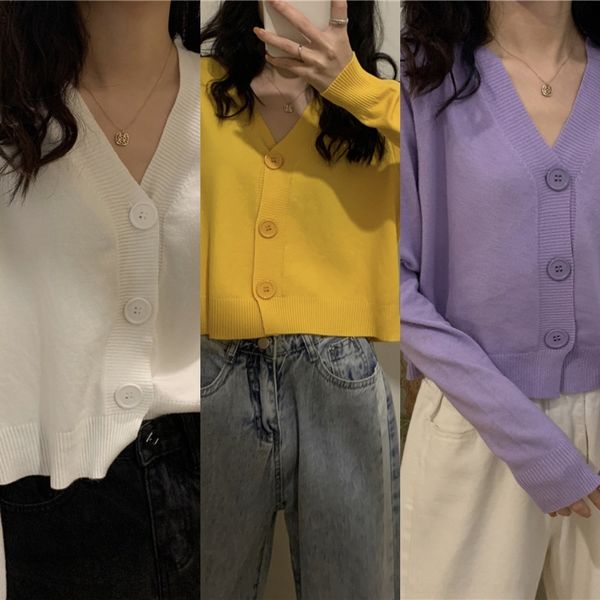 

59l4i autumn 2020 new korean sweet casual versatile v-neck knitted sleeve long keebx cardigan sweater sweater sweater short, White;black