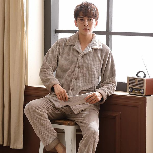 

men cardigan pajamas set warm flannel male long-sleeved autumn winter pyjama loose men home set coral fleece sleepwear pant, Black;brown